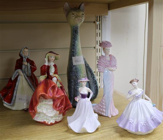 Two Royal Doulton figures, three Coalport figures and a Sylvac cat